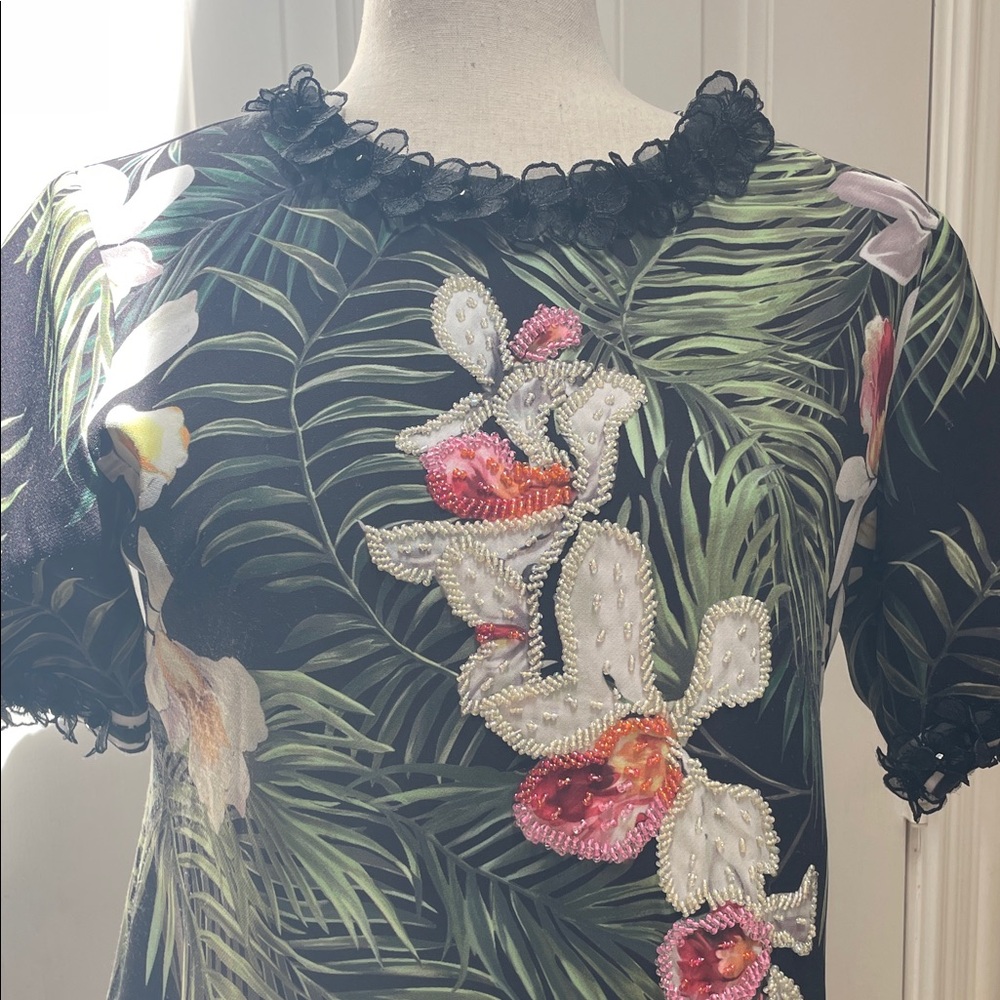 Tropical Floral Embroidered Shift Dress - Black with Green & Pink - Picture 2 of 15